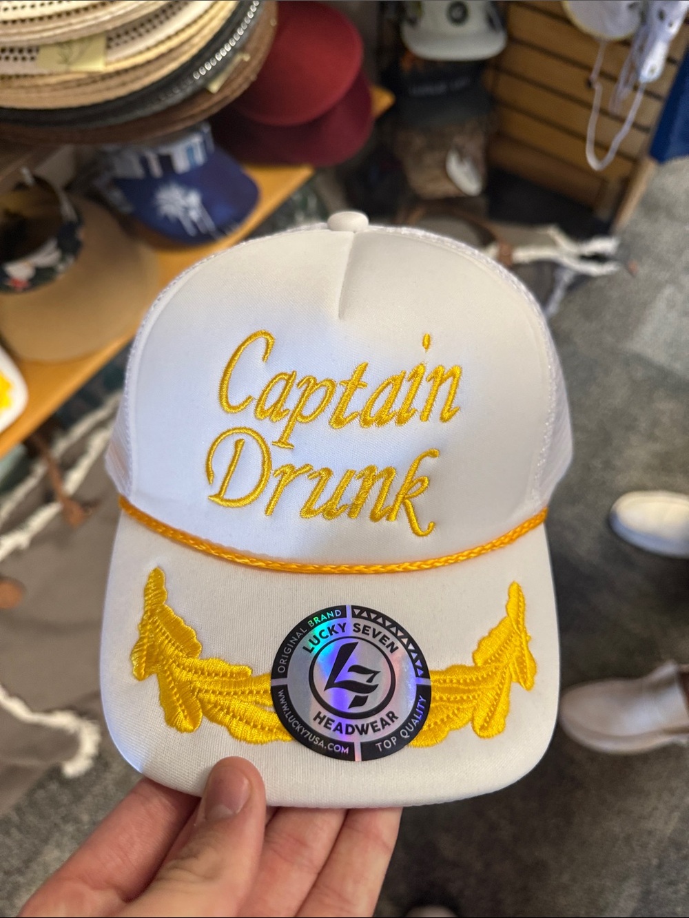 Captain Drunk Embroidered Trucker Hat - White & Yellow